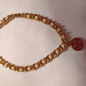 Tory Burch pink leather and thick link chain necklace 15 1/2 inches long.